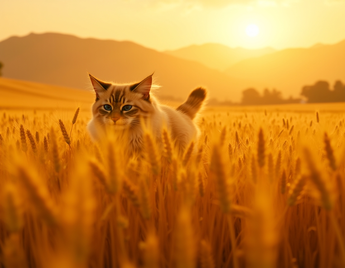 Cat sprints joyfully through a golden field, surrounded by waving wheat and warm light.